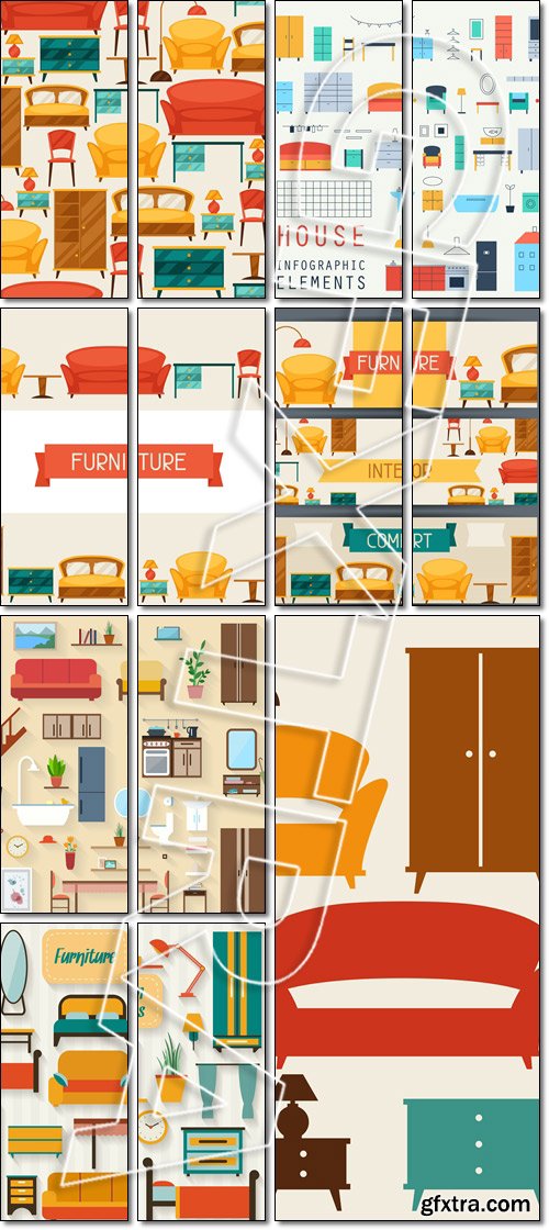 Interior seamless pattern with furniture in retro style - Vector