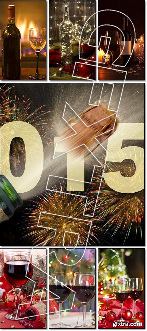 Wine Bottle and Glass and decorations for Christmas, new year 2015 on Wood - Stock photo