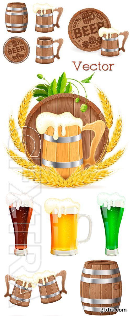 Keg and mugs with foamy wheat beer in Vector Keg and mugs with foamy wheat beer in Vector