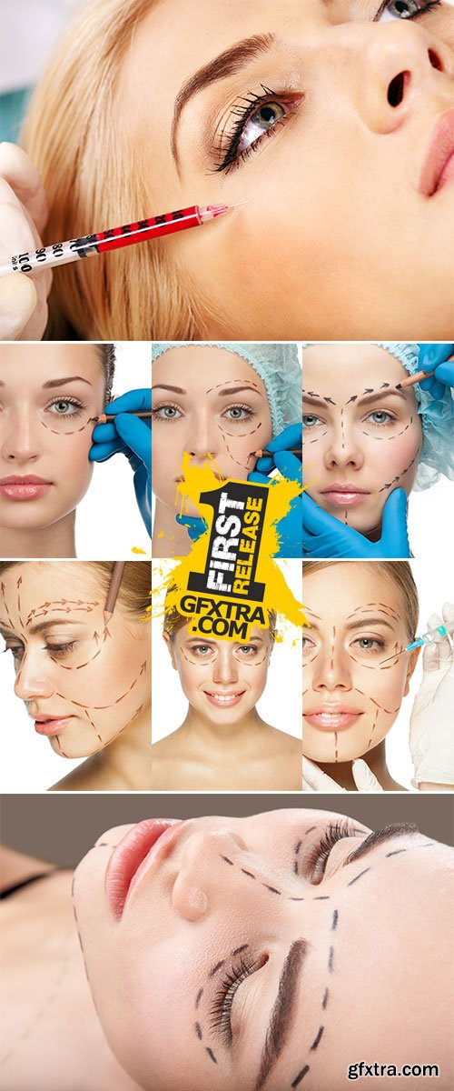 Stock Photo Beautiful young caucasian woman with perforation lines on her face before plastic surgery operation