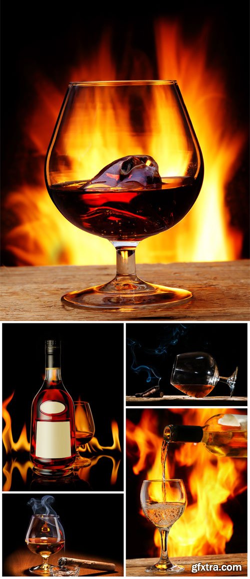Cognac, bottle and glasses of cognac - Stock Photo Cognac, bottle and glasses of cognac - Stock Photo