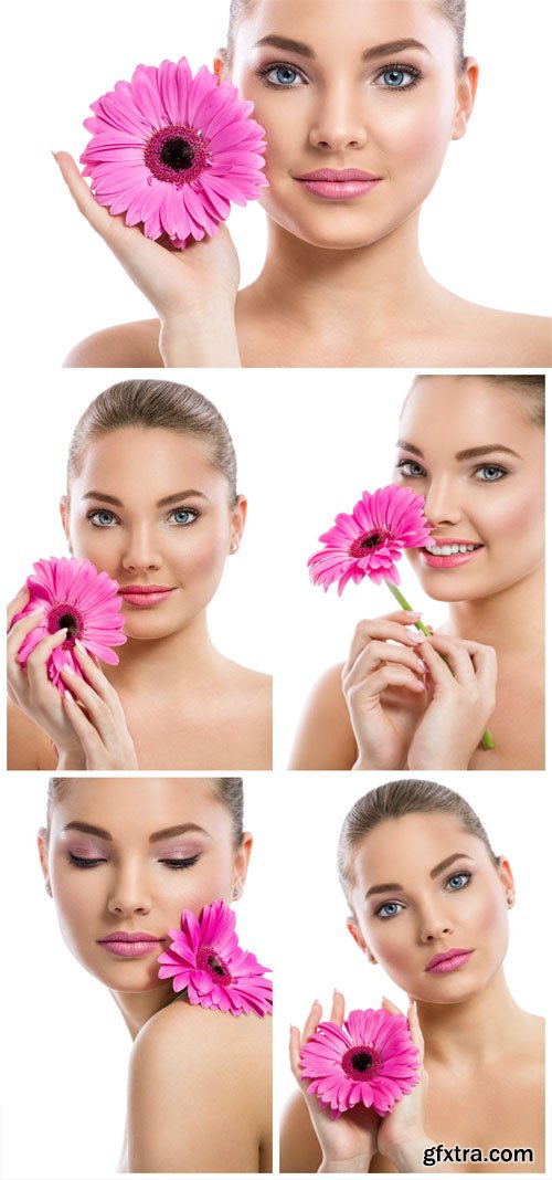 Girl with pink flower - stock photos Girl with pink flower - stock photos