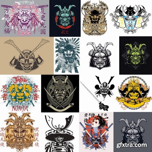 Collection of vector images of samurai masks 25 Eps