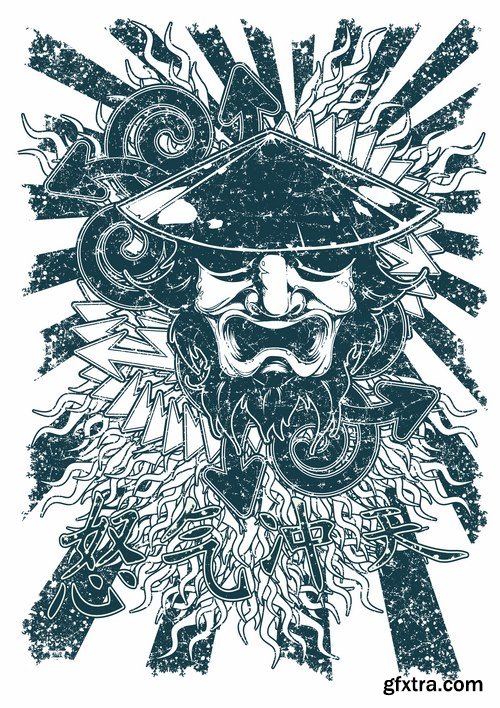 Collection of vector images of samurai masks 25 Eps