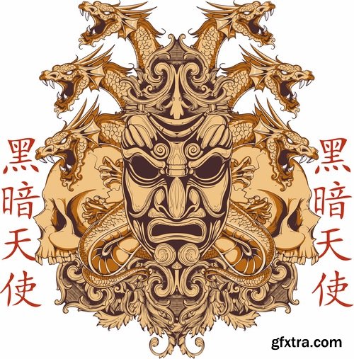 Collection of vector images of samurai masks 25 Eps