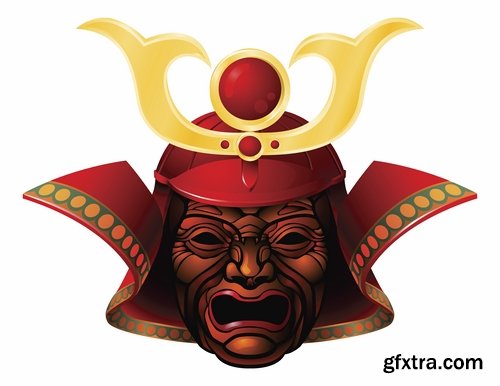 Collection of vector images of samurai masks 25 Eps