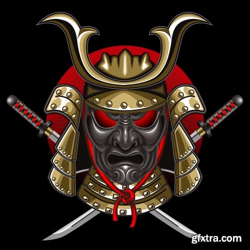 Collection of vector images of samurai masks 25 Eps