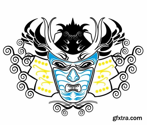 Collection of vector images of samurai masks 25 Eps
