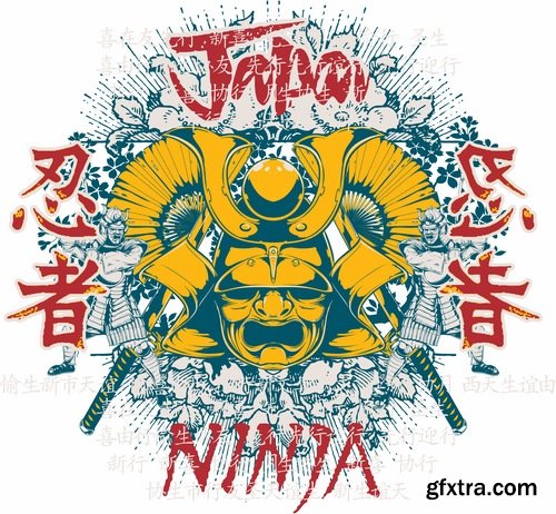 Collection of vector images of samurai masks 25 Eps