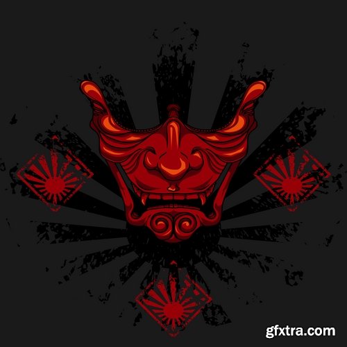 Collection of vector images of samurai masks 25 Eps