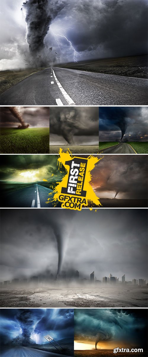 Stock Photo Powerful Tornado, destroying property with lightning in the background