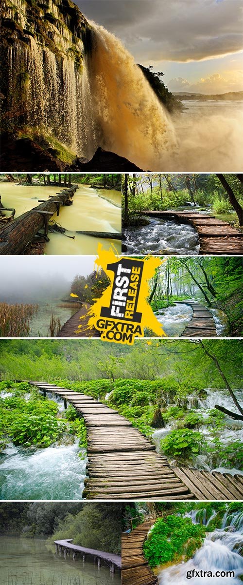 Stock Photo Wooden path and waterfall in Plitvice National Park