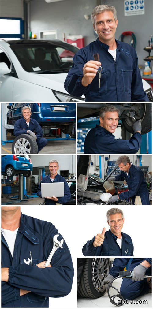 Car workshop, man repairing a car - stock photos