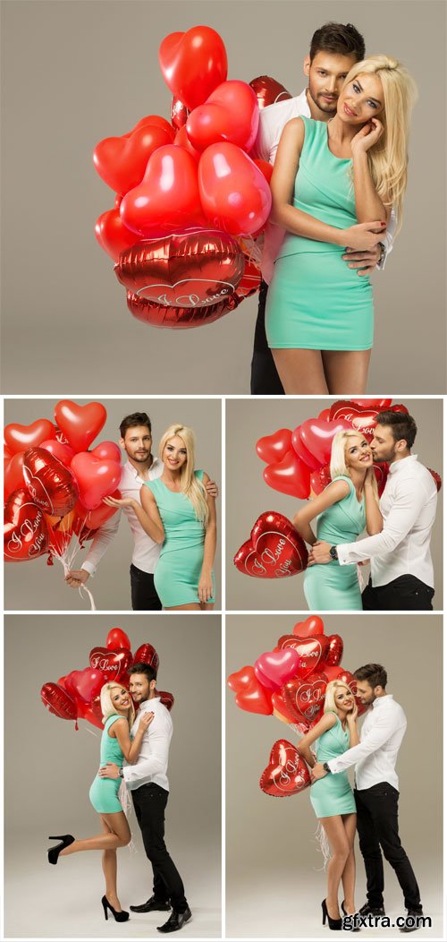 Valentine's Day, loving couple with hearts - Stock Photo Valentine's Day, loving couple with hearts - Stock Photo