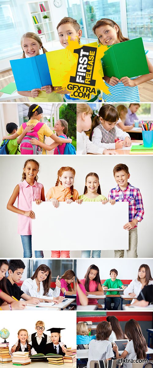 Stock Photo Portrait of confident teenage girl gesturing thumbs up while friends studying in classroom