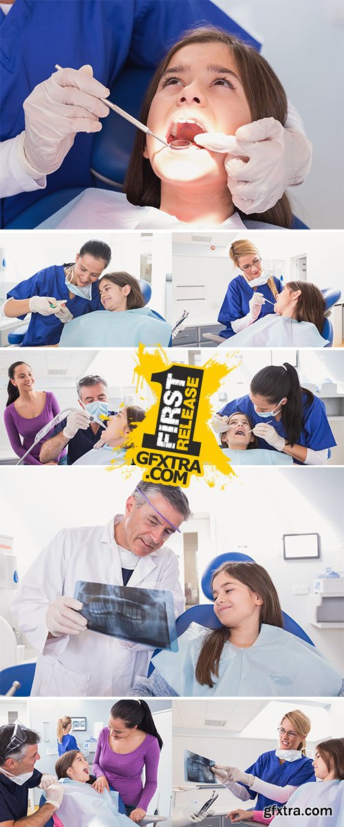 Stock Photo Pediatric dentist examining her patient with mouth open in dental clinic