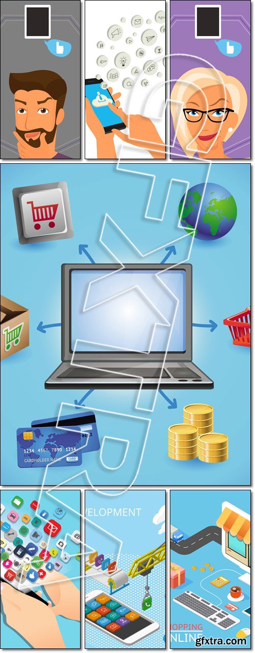 Peoples thinking about gadgets and applications around, Smartphone with application icons vector, Concept of online shop - Vector