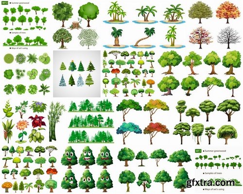 Bushes trees leaves and grass illustrations - 25 Eps