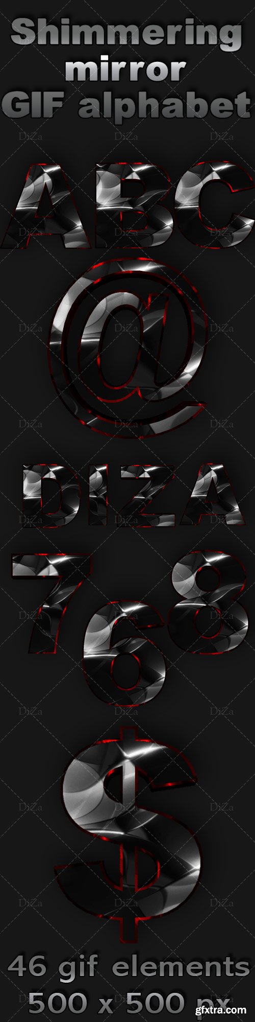 Shimmering mirror GIF alphabet on a transparent background