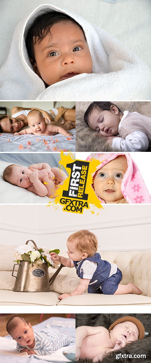 Stock Photo Newborn baby sleeping with colored hat