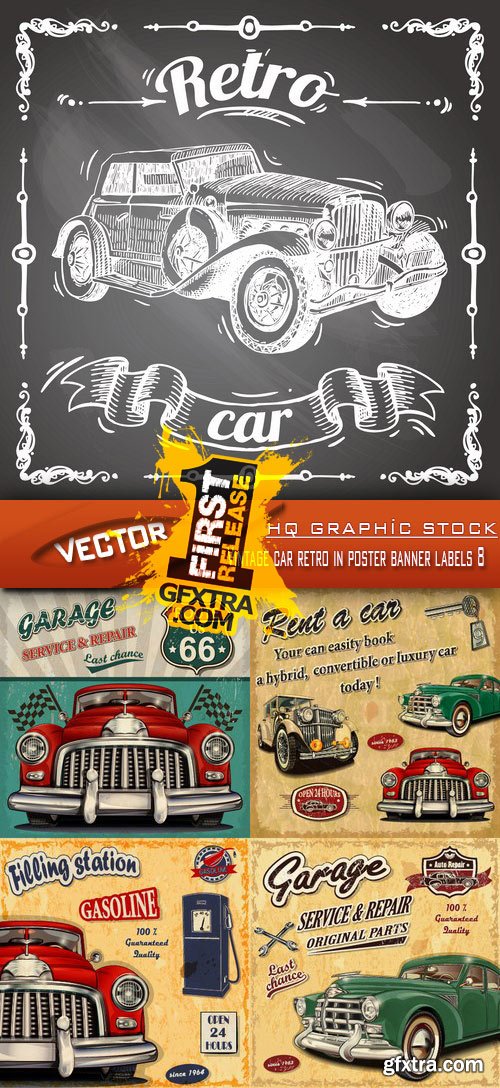 Stock Vector - Vintage car retro in poster banner labels 8
