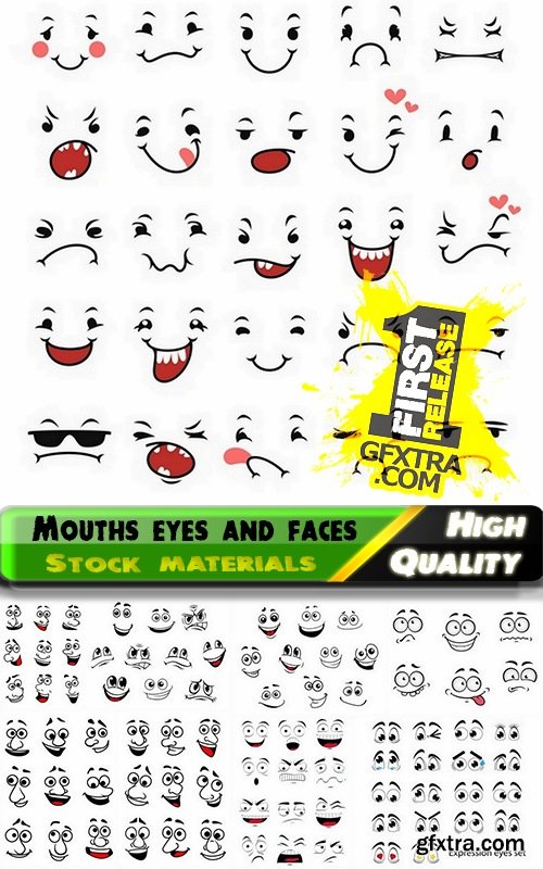 Vector mouths eyes and faces with smiles - 25 Eps
