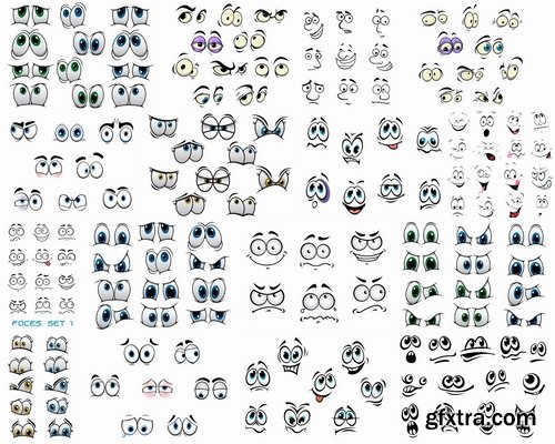 Vector mouths eyes and faces with smiles - 25 Eps