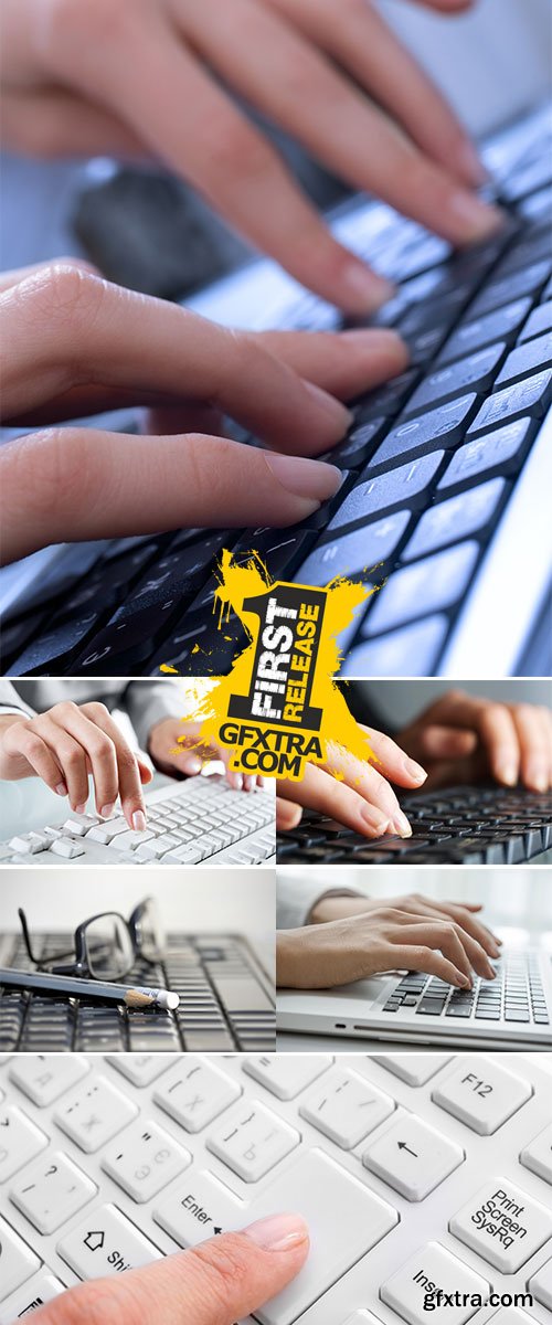 Stock Photo Female hand typing on keyboard, macro view