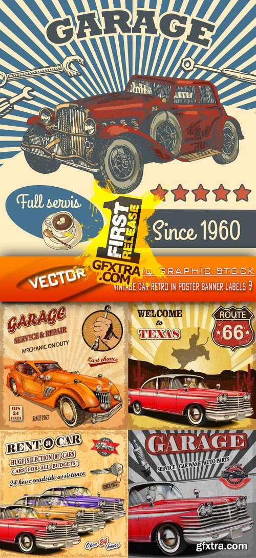 Stock Vector - Vintage car retro in poster banner labels 9