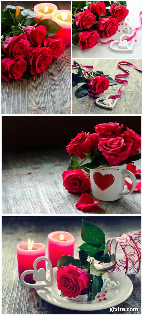 Romantic background with roses and candles - stock photos Romantic background with roses and candles - stock photos