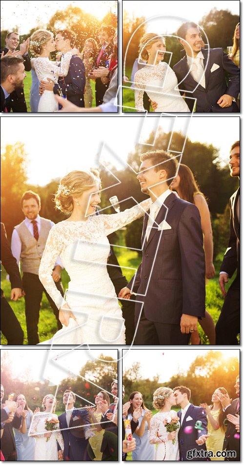 Newlyweds with guest on their garden party - Stock photo
