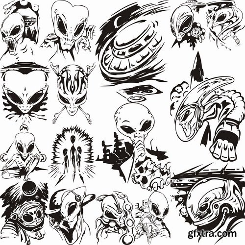 Collection of vector images of tattoos UFO 25 Eps