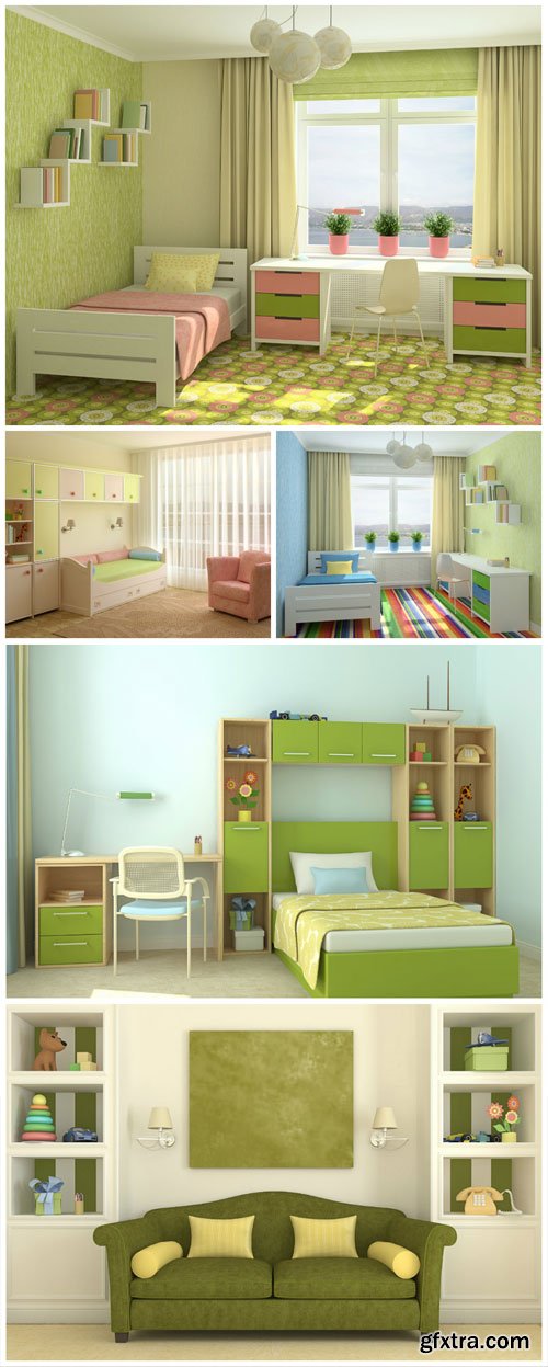 Child's room in shades of green - stock photos Child's room in shades of green - stock photos