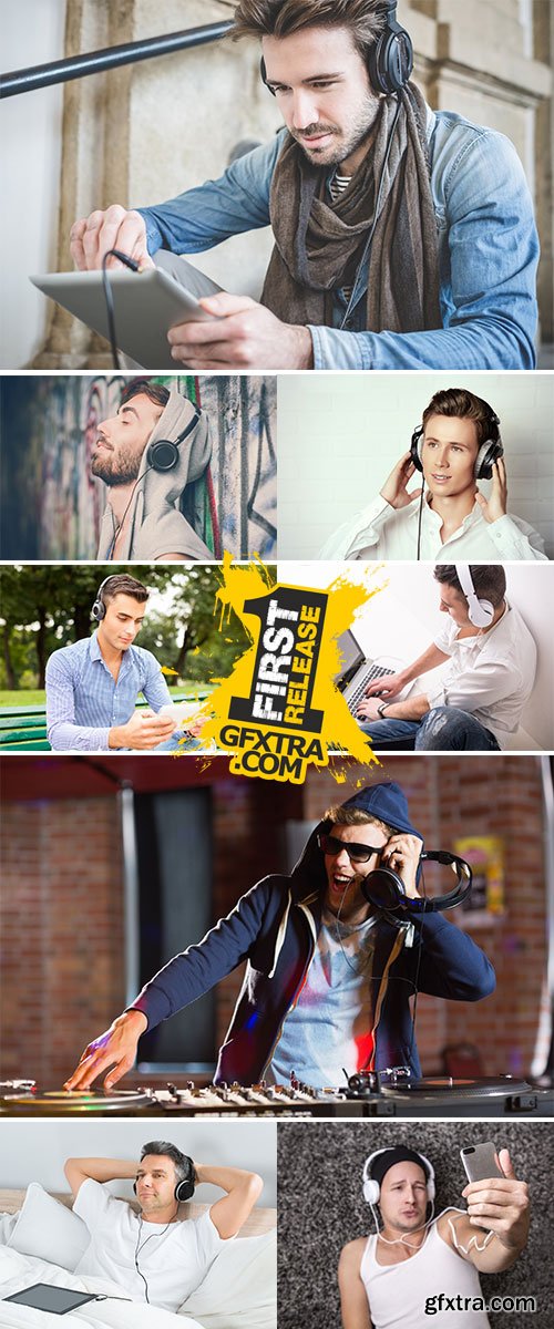Stock Photo Young hipster gay man listening music headphones