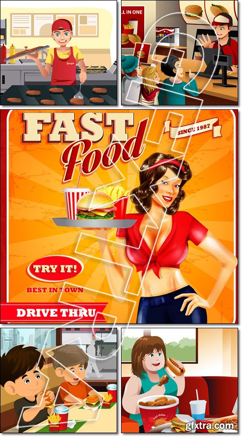 Like, ordered and eating fast food at a restaurant - Vector