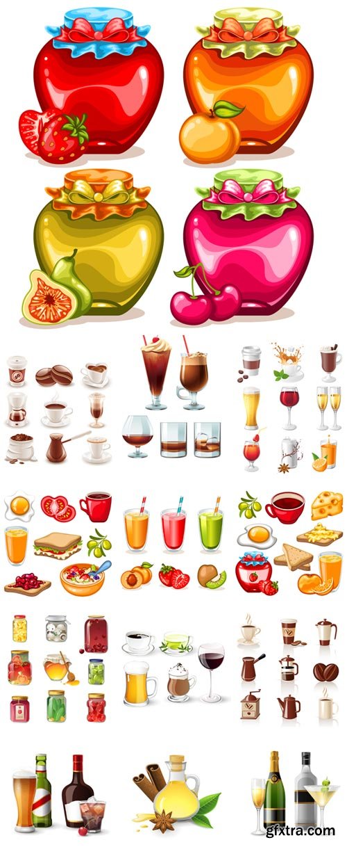 Different delicious drinks, fruit drinks and food vector illustration