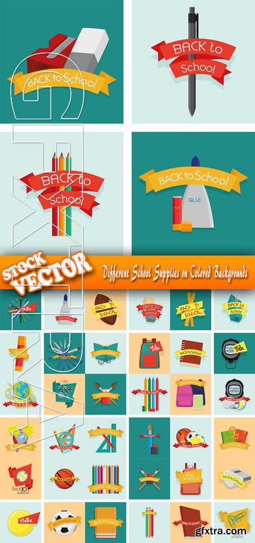 Stock Vector - Different School Supplies on Colored Backgrounds