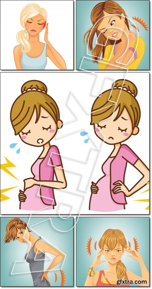 Woman suffering from neck ache, headache, backache - Vector