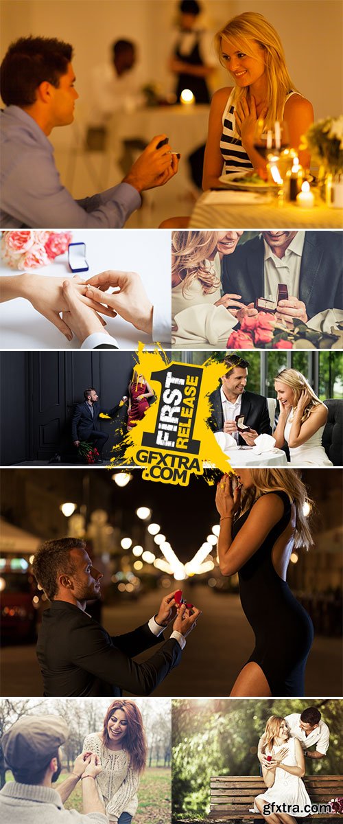 Stock Photo Man holding box with ring making propose to his girlfriend
