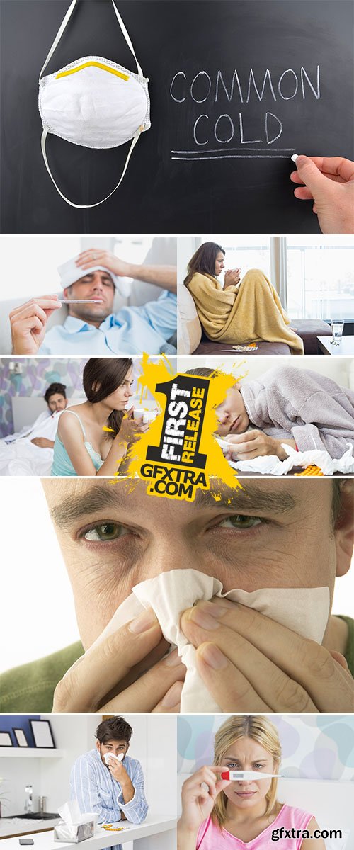 Stock Photo Young people holding medicine and glass of water while suffering from cold