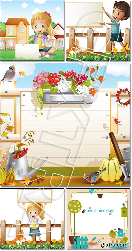 Garden tools. A boy, girl holding a framed board in the garden - Vector