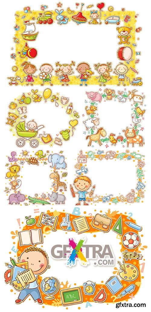 Frames with cartoon kids, animals and toys