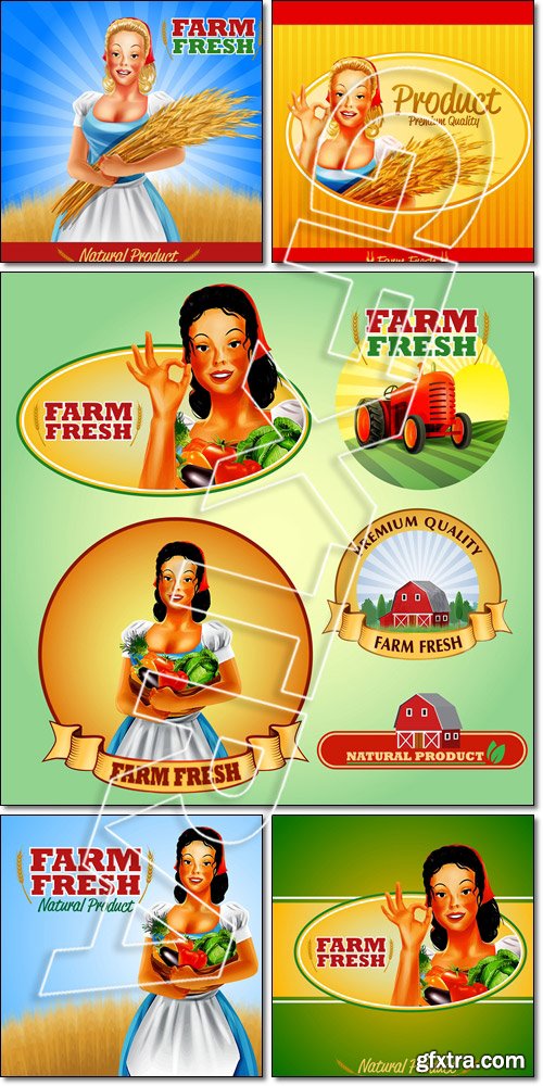 Farm stickers: vegetables, fresh, woman - Vector