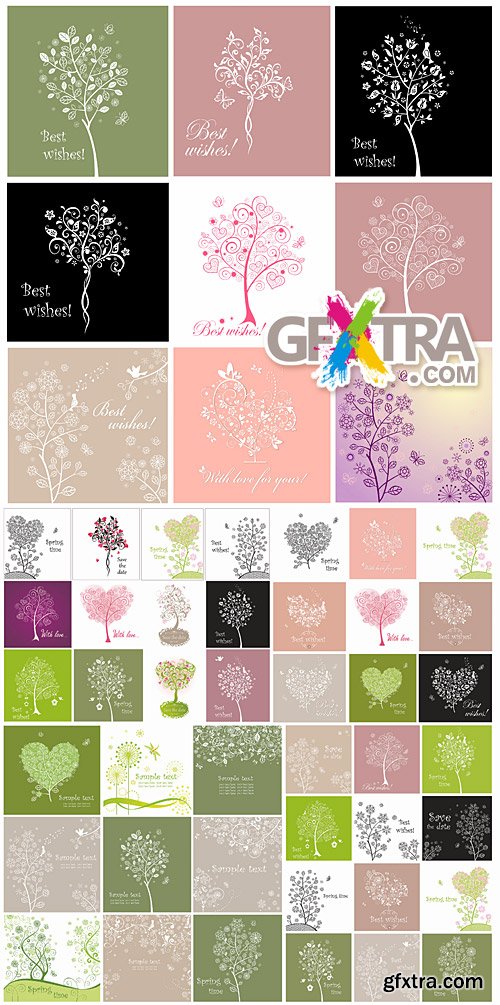 Spring cards with decorative lacy trees and flowers