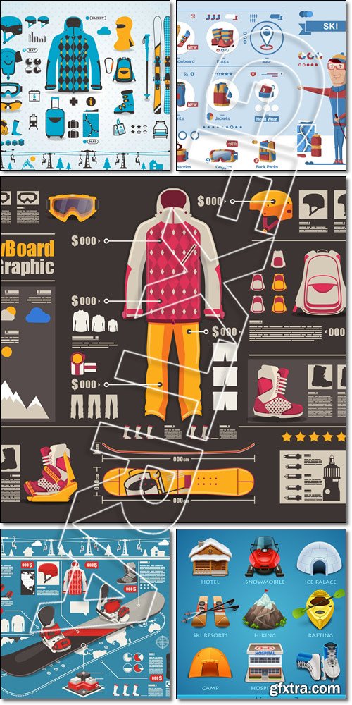 Ski character and elements, snowboard - Vector