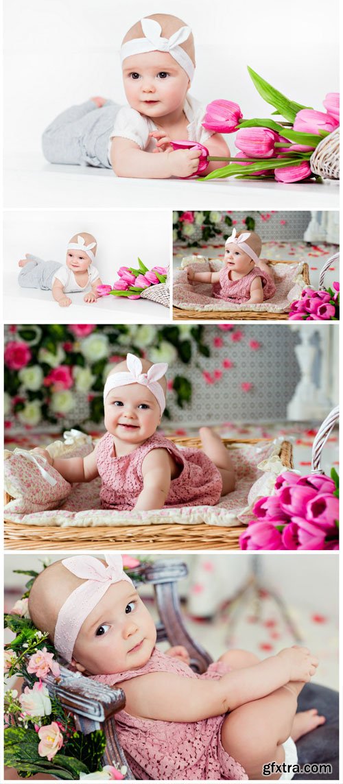 Little kid with tulips - stock photos Little kid with tulips - stock photos