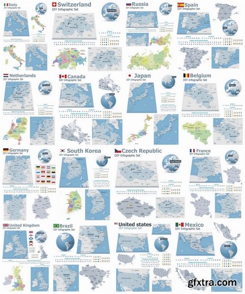 Set of world\'s countries detailed maps - 25 Eps