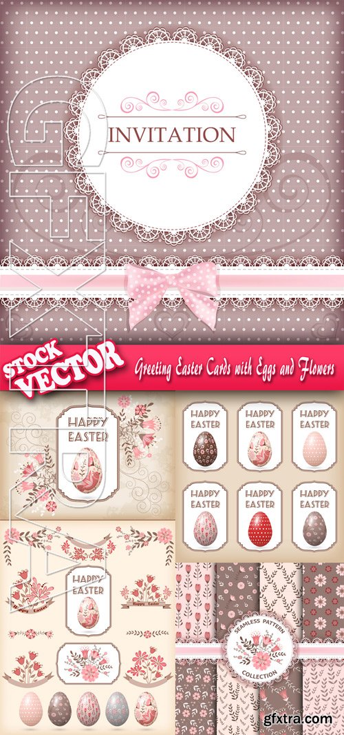 Stock Vector - Greeting Easter Cards with Eggs and Flowers