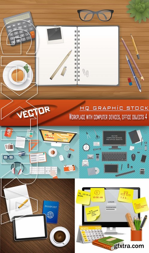 Stock Vector - Workplace with computer devices, office objects 4