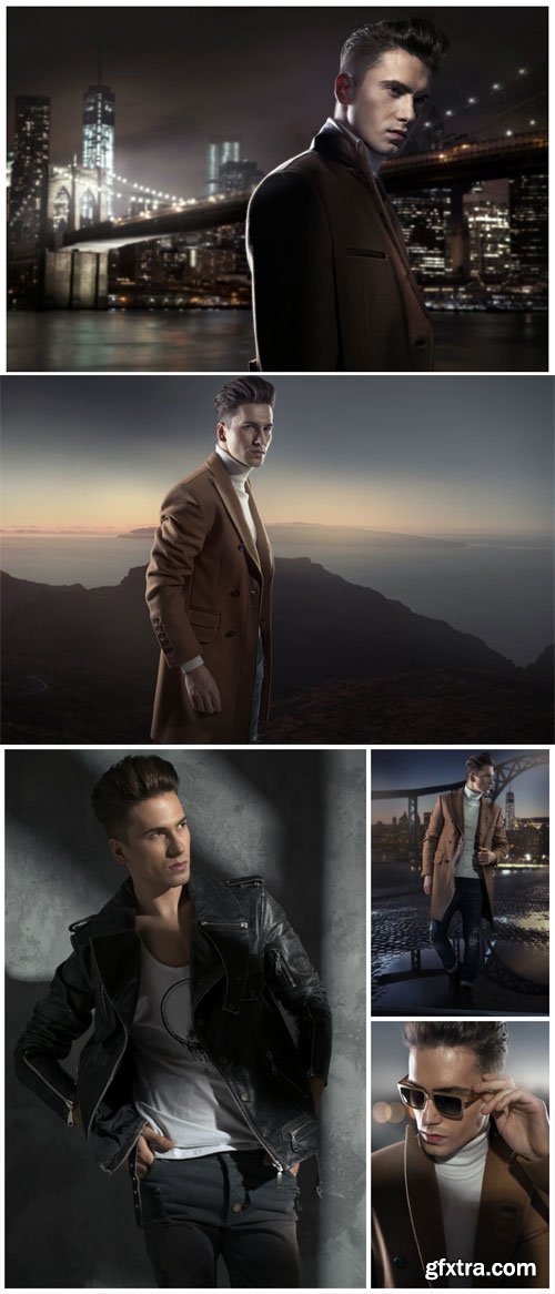 Young man on a background of the city at night - Stock Photo Young man on a background of the city at night - Stock Photo
